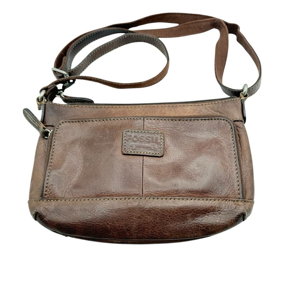 Fossil Crosstown Brown Leather Credit Card Slots Flap Snap Zip Crossbody READ